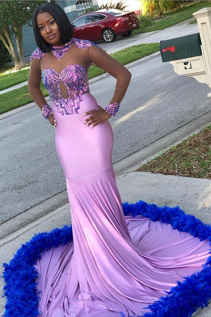 Robe de bal longue sirène en satin et dentelle avec manches longues élégante