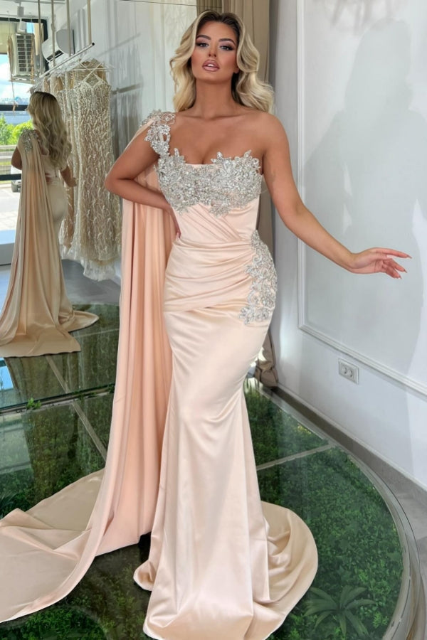 Robe de bal longue sirène glamour à une épaule, sans manches, ornée de perles, de créateur