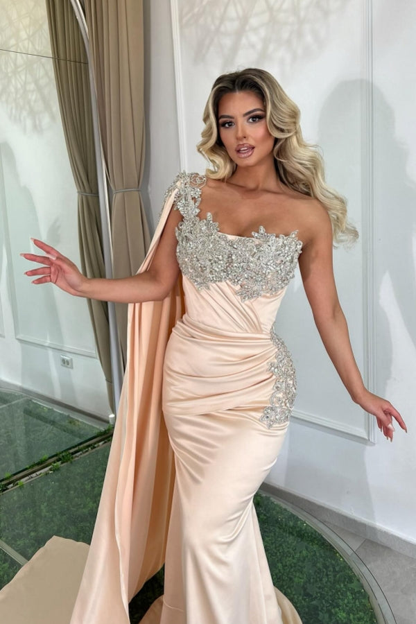 Robe de bal longue sirène glamour à une épaule, sans manches, ornée de perles, de créateur