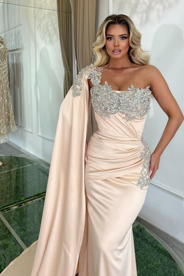 Robe de bal longue sirène glamour à une épaule, sans manches, ornée de perles, de créateur