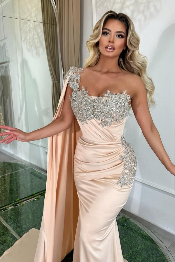 Robe de bal longue sirène glamour à une épaule, sans manches, ornée de perles, de créateur