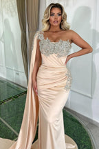 Robe de bal longue sirène glamour à une épaule, sans manches, ornée de perles, de créateur