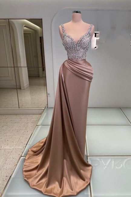 Robe de bal longue sirène sans manches à col en V ornée de bijoux, élégante