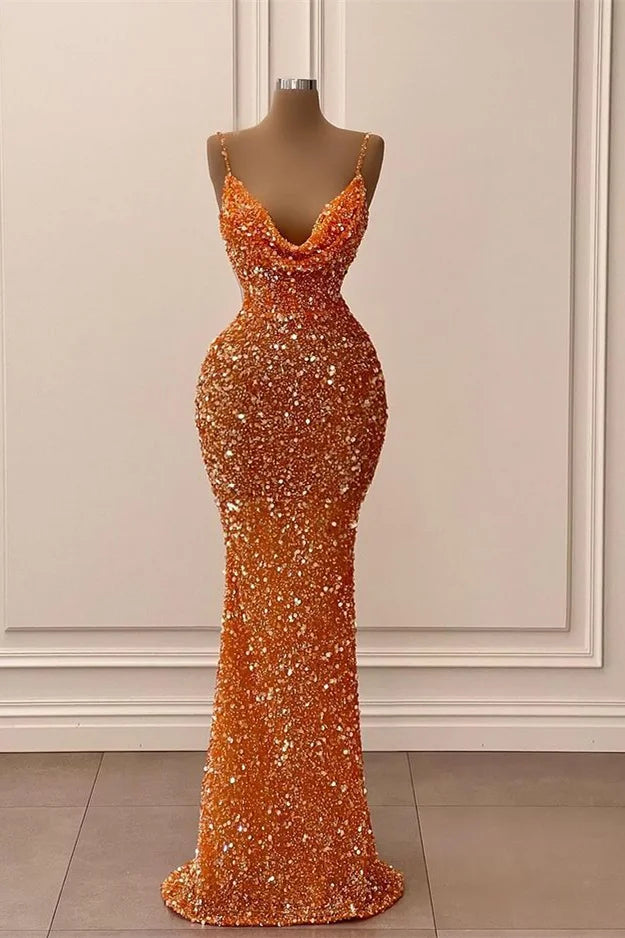 Robe de bal sirène longue orange éclatante à fines bretelles spaghetti et paillettes sans manches
