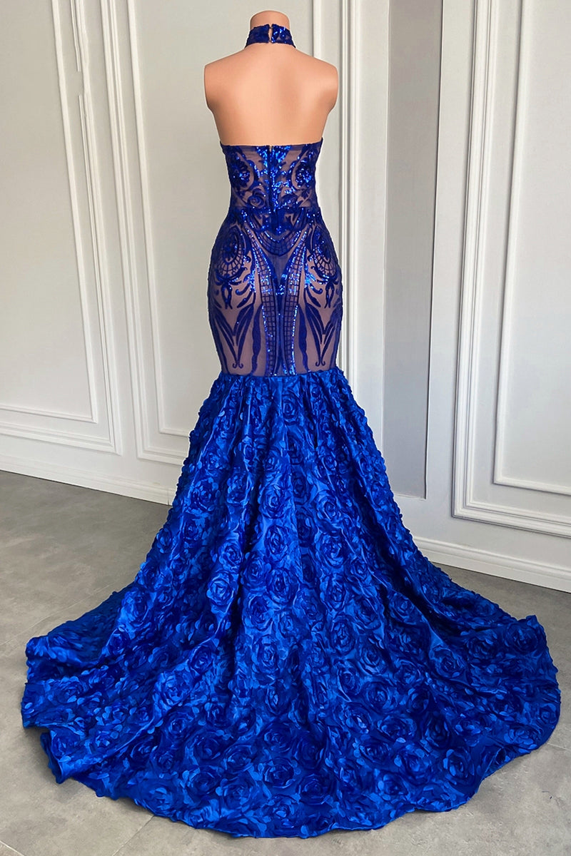 Robe de bal sirène longue sans manches en dentelle à fleurs bleu royal élégante et raffinée
