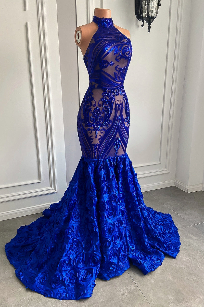 Robe de bal sirène longue sans manches en dentelle à fleurs bleu royal élégante et raffinée