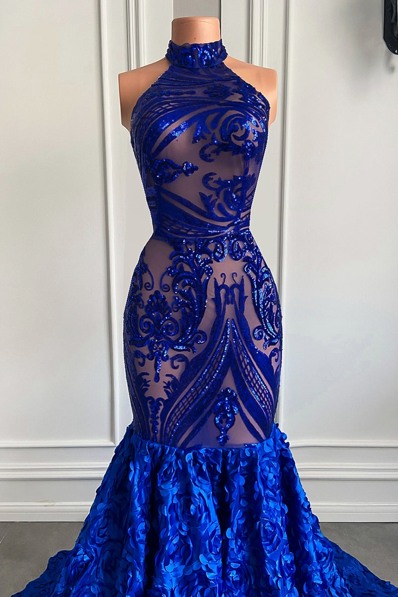 Robe de bal sirène longue sans manches en dentelle à fleurs bleu royal élégante et raffinée