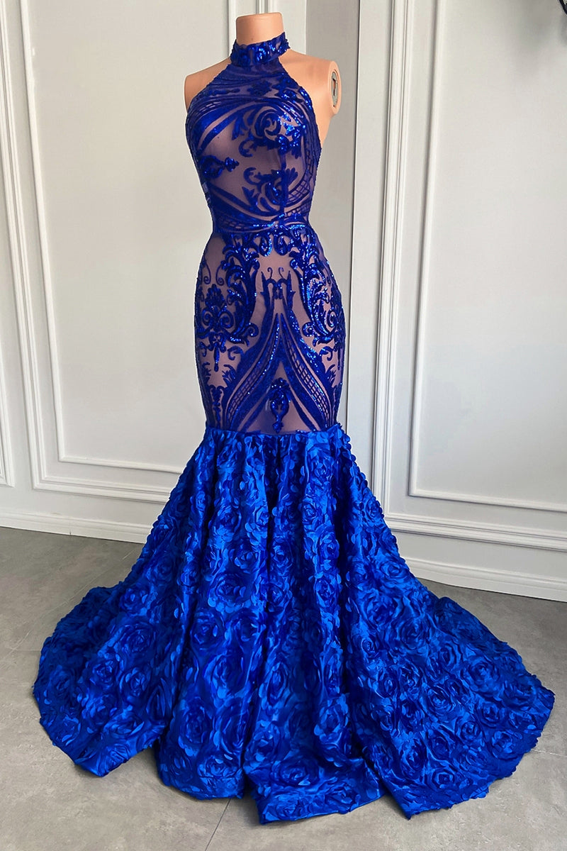 Robe de bal sirène longue sans manches en dentelle à fleurs bleu royal élégante et raffinée