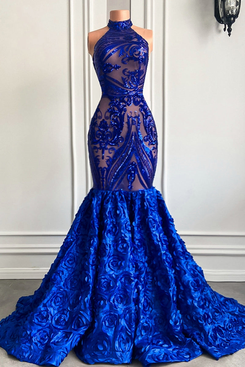 Robe de bal sirène longue sans manches en dentelle à fleurs bleu royal élégante et raffinée