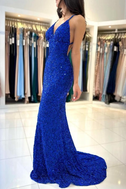 Vestidos de noite longos deslumbrantes azul real com decote em V, alças finas e brilho, sem mangas