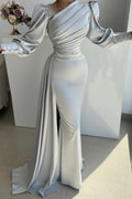 Robe de bal longue argentée satinée plissée à manches longues avec fente latérale style sirène, élégante