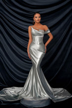 Robe de bal sirène longue argentée à paillettes, sans manches, à une épaule, élégante