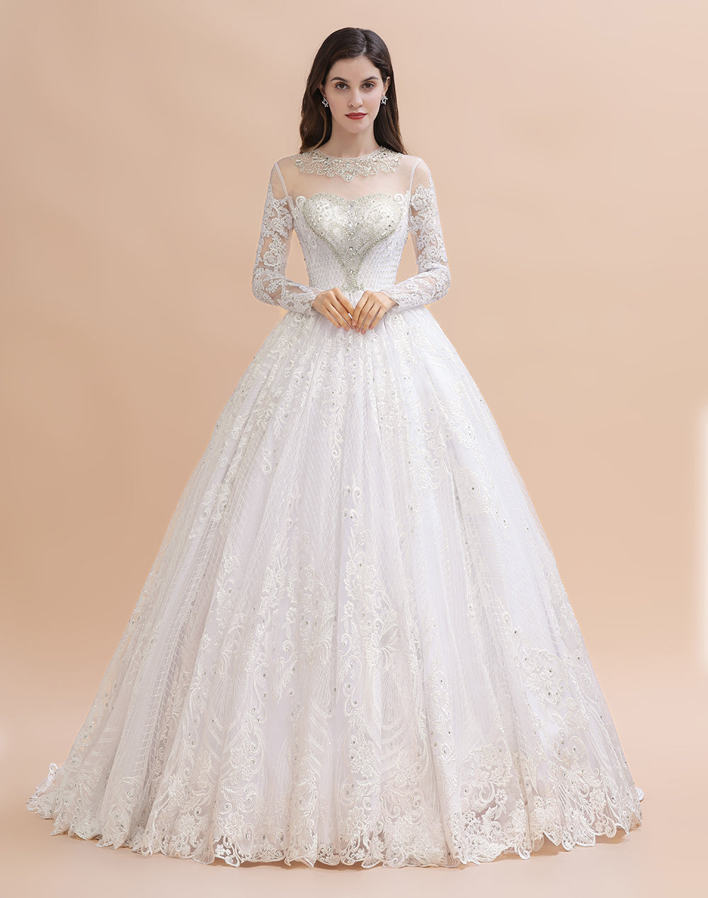Robe de mariée blanche/crème en dentelle avec appliques perlées à manches longues et style élégant