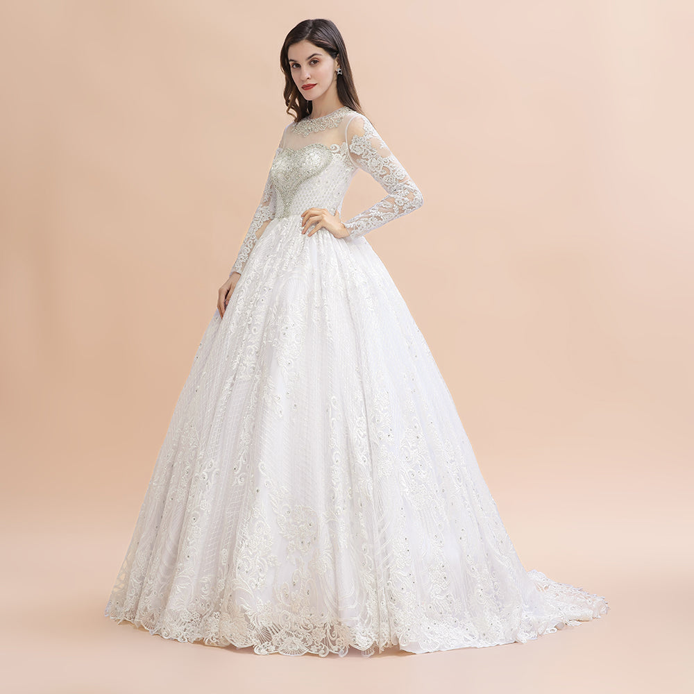 Robe de mariée blanche/crème en dentelle avec appliques perlées à manches longues et style élégant