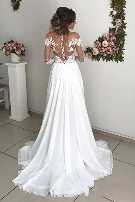 Abiti da sposa lunghi con maniche in pizzo eleganti | Abiti nuziali in chiffon con spacco