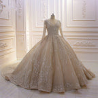 Vestido de Noiva de Baile com Lantejoulas e Bordados, Decote em V e Mangas Compridas Glamourosas