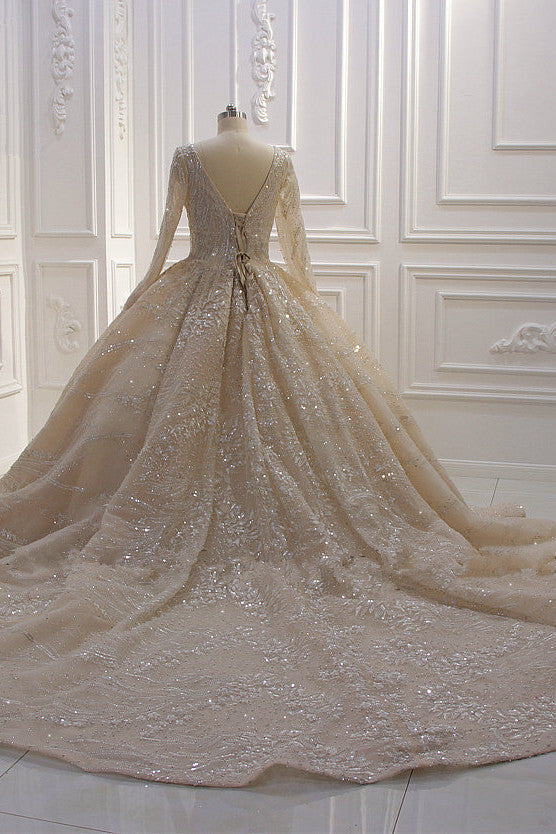 Vestido de Noiva de Baile com Lantejoulas e Bordados, Decote em V e Mangas Compridas Glamourosas