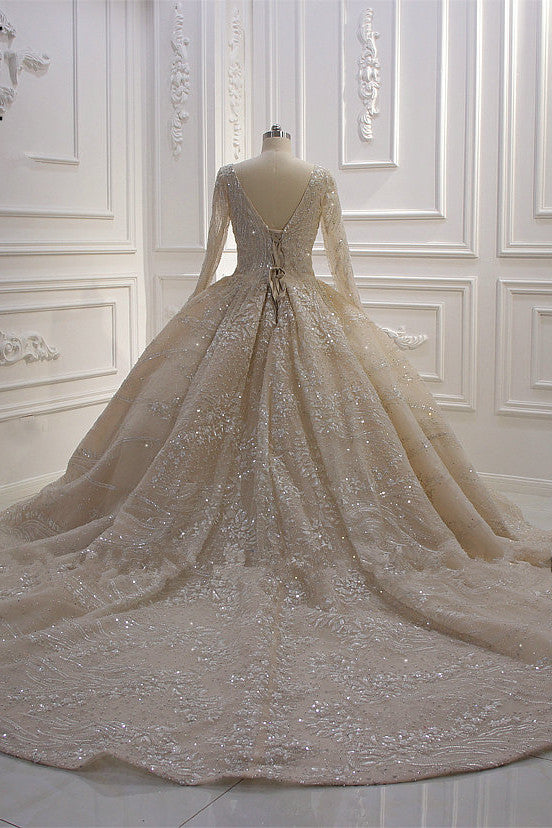 Vestido de Noiva de Baile com Lantejoulas e Bordados, Decote em V e Mangas Compridas Glamourosas