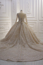 Vestido de Noiva de Baile com Lantejoulas e Bordados, Decote em V e Mangas Compridas Glamourosas