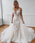 Abiti da sposa staccabili con scollo a V, pizzo, sirena, spalline lunghe e affascinanti