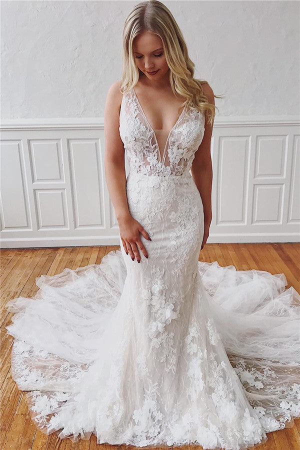 Abiti da sposa staccabili con scollo a V, pizzo, sirena, spalline lunghe e affascinanti