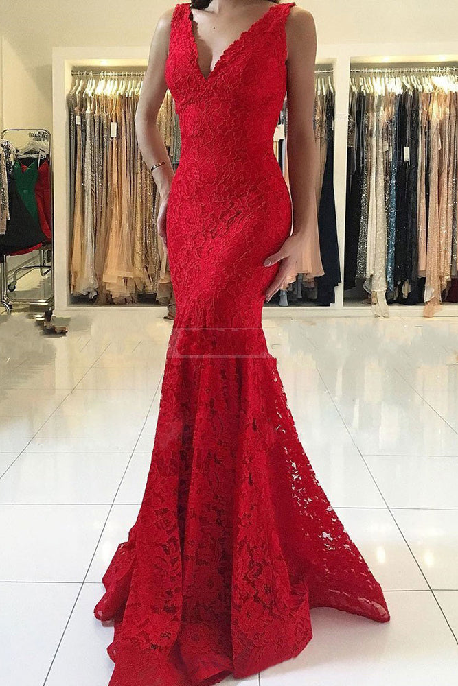 Robe de bal rouge sirène en dentelle à col en V long et élégante