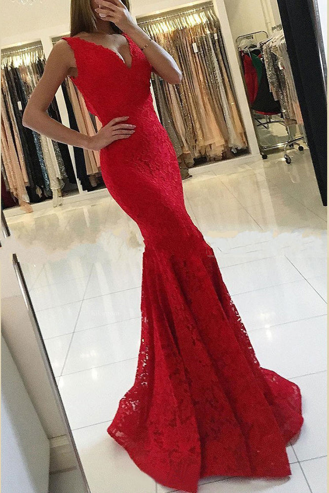 Robe de bal rouge sirène en dentelle à col en V long et élégante