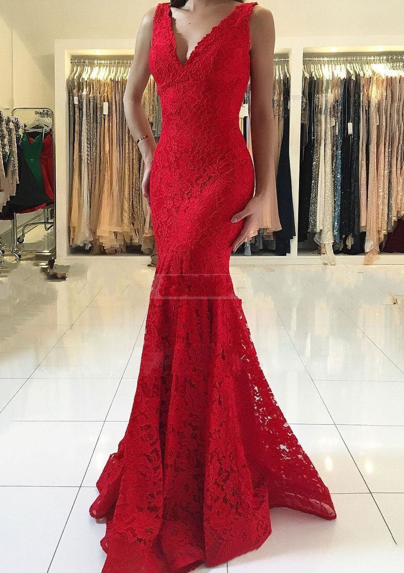 Robe de bal rouge sirène en dentelle à col en V long et élégante