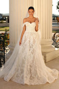 Glamoroso vestido de novia blanco largo de encaje con corte en A y hombros descubiertos