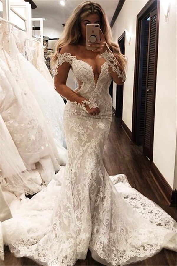 Glamouröses schulterfreies, lange Ärmel, V-Ausschnitt, Applikationen, Meerjungfrau-Brautkleid