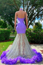 Robe de bal sirène longue au sol en satin violet éclatant, dos nu, sans manches, ornée d'appliques