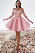 Glamouröses kurzes rosa Cocktailkleid, schulterfreies Glitzer-Ballkleid mit Spitze