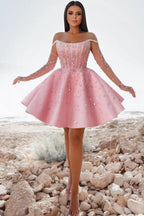 Glamouröses kurzes rosa Cocktailkleid, schulterfreies Glitzer-Ballkleid mit Spitze