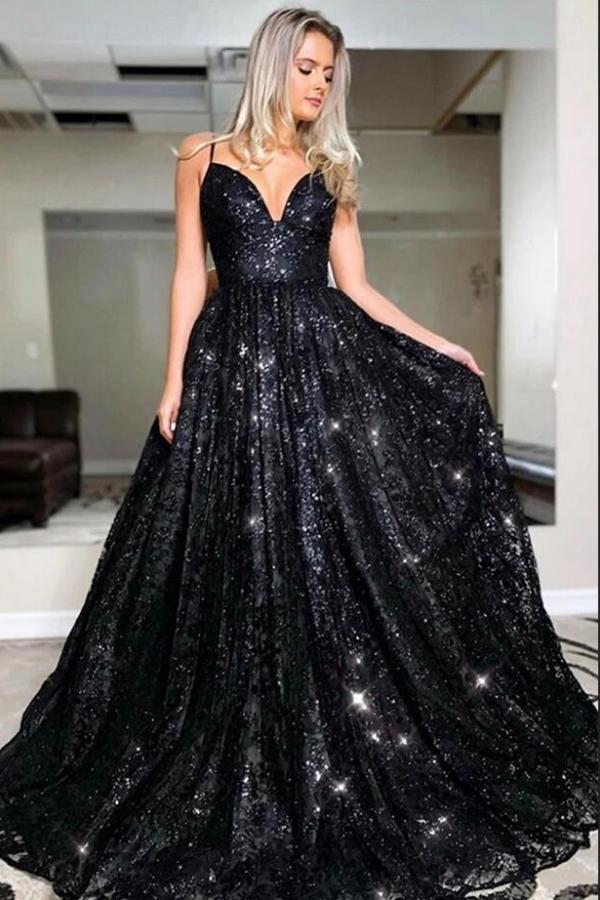 Abito lungo da sera e ballo nero con paillettes e spalline sottili glamour