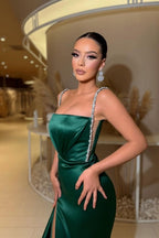 Glamorous spaghetti straps sleeveless a-line satin prom dresses sequined
