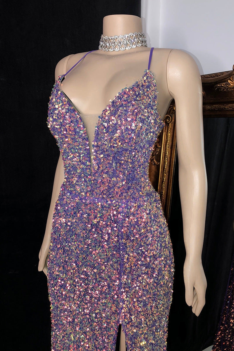 Glamorous Spaghetti Straps V-neck Sequined Sleeveless Prom Dress With Slit
