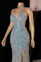 Glamorous Spaghetti Straps V-neck Sequined Sleeveless Prom Dress With Slit