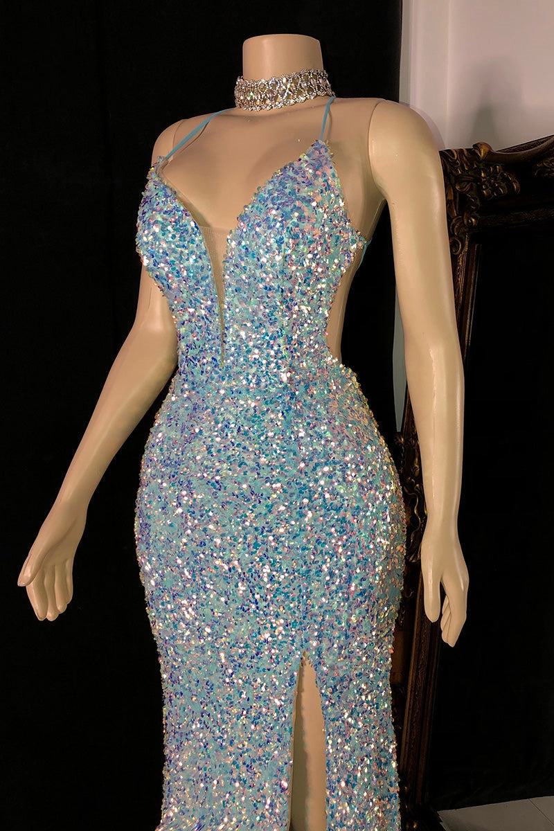 Glamorous Spaghetti Straps V-neck Sequined Sleeveless Prom Dress With Slit