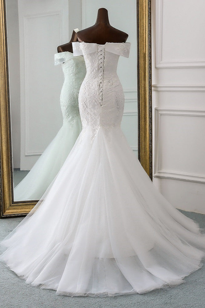 Glamorous Tulle Lace Off The Shoulder White Mermaid Wedding Dresses
