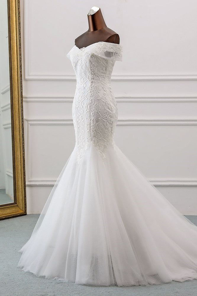 Glamorous Tulle Lace Off The Shoulder White Mermaid Wedding Dresses