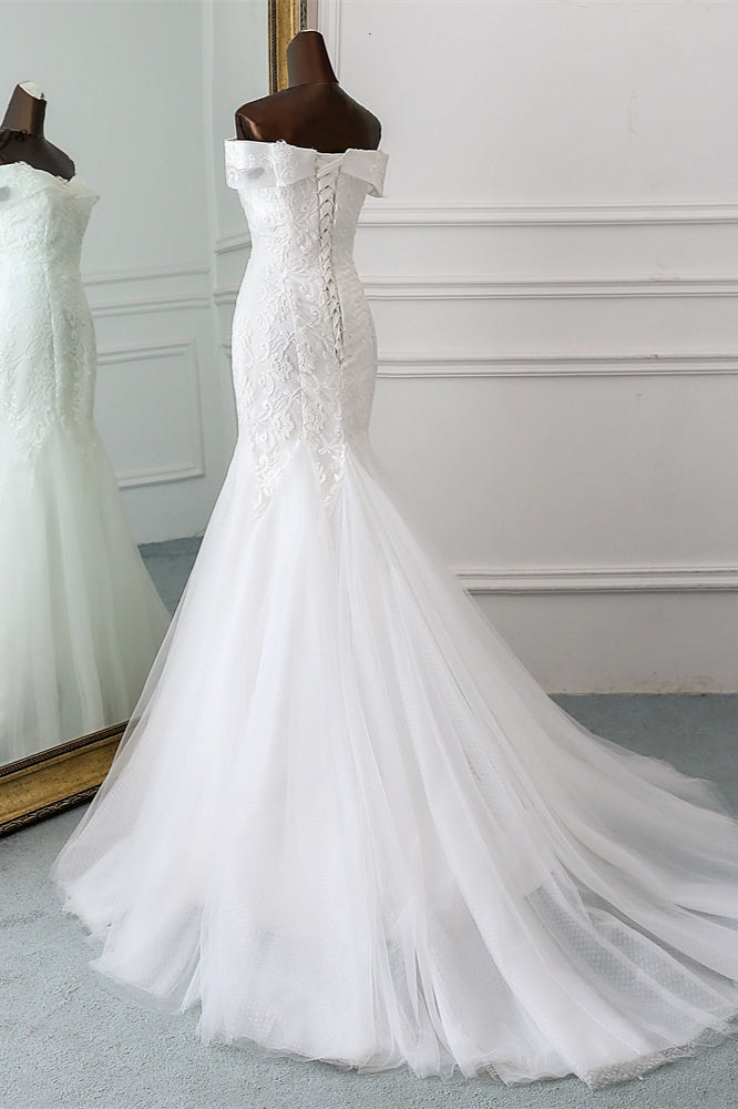 Glamorous Tulle Lace Off The Shoulder White Mermaid Wedding Dresses