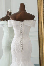 Glamorous Tulle Lace Off The Shoulder White Mermaid Wedding Dresses