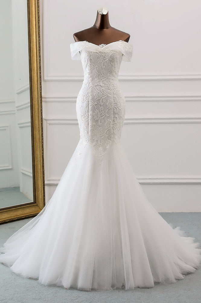Glamorous Tulle Lace Off The Shoulder White Mermaid Wedding Dresses
