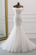 Glamorous Tulle Lace Off The Shoulder White Mermaid Wedding Dresses