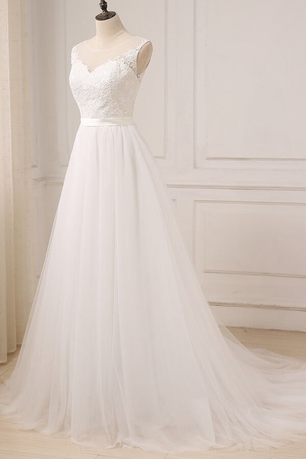 Glamorous Tulle Sleeveless Jewel Neck A Line Wedding Dress White Appliques Gown