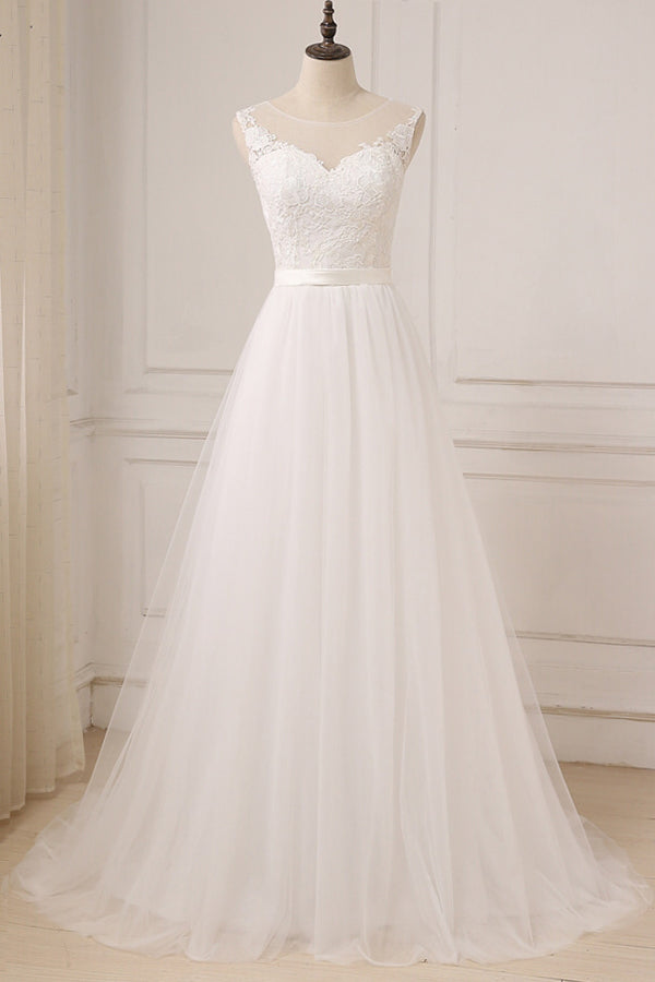 Glamorous Tulle Sleeveless Jewel Neck A Line Wedding Dress White Appliques Gown