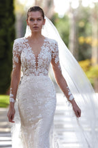 Robe de mariée longue à manches longues avec appliques sirène et col en V, ornée de dentelle, élégante