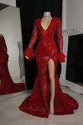 Vestido de fiesta sirena con escote en V, abertura frontal y mangas largas, glamoroso