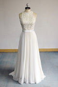 Glamorous White Appliques Chiffon A Line Wedding Dress Sleeveless Ruffles On Sale