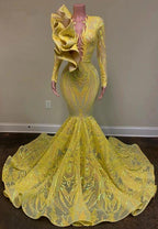 Glamorous Yellow V-neck Long Sleeve Floor-length Mermaid Prom Dresses